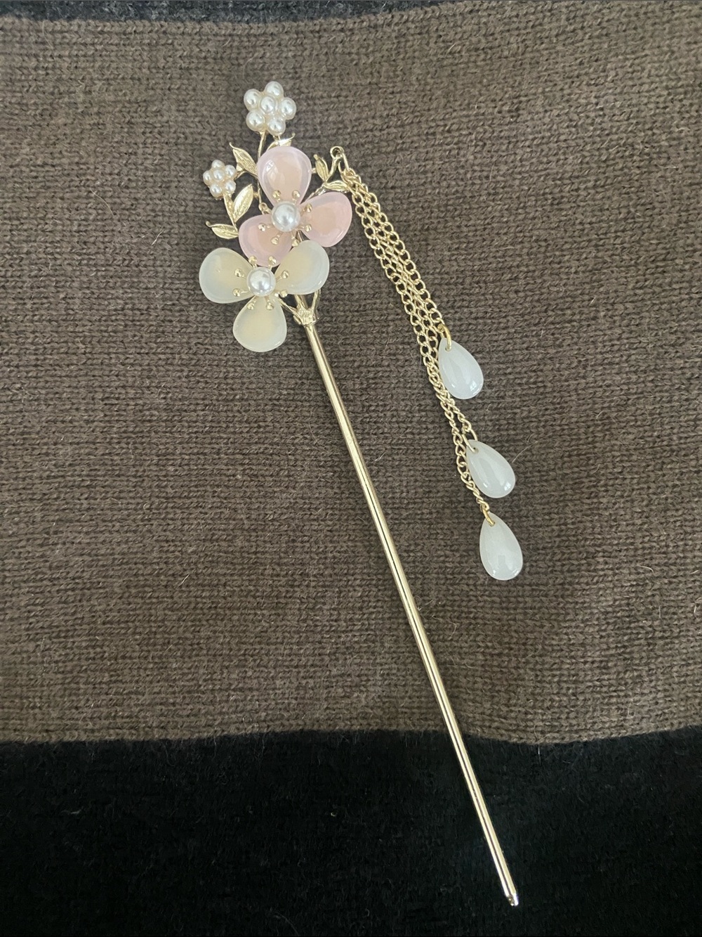 Y2k Gold Floral Hair Stick with Pearls, Opalite Dangle and Pink and Cream Petals - Picture 2 of 7